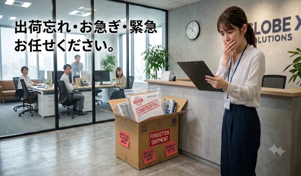 オフィスでの出荷忘れトラブルに困る女性のイラスト。「出荷忘れ・お急ぎ・緊急 お任せください。」の文字。